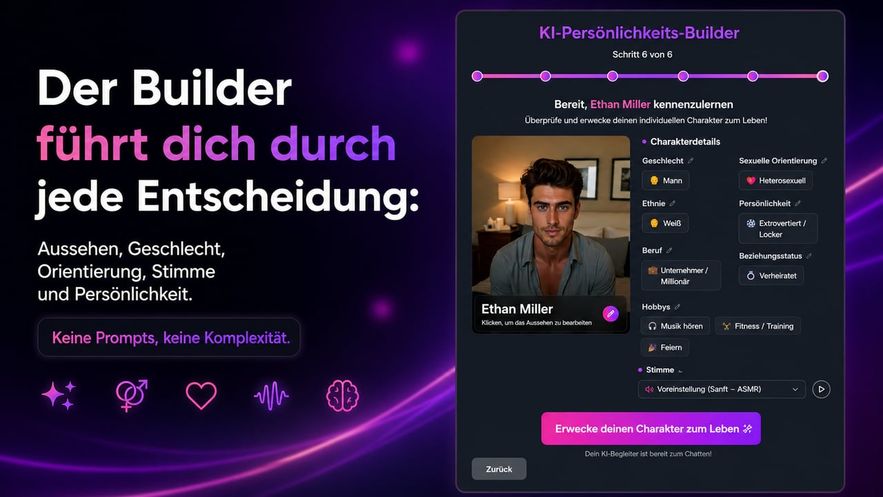Die Zusammenfassung des FLIRTcam.AI KI-Freund-Builders: Überprüfe Geschlecht, Orientierung, Ethnie, Persönlichkeit, Beruf, Beziehung, Hobbys und Stimme deiner individuellen Figur, bevor du ihn zum Leben erweckst