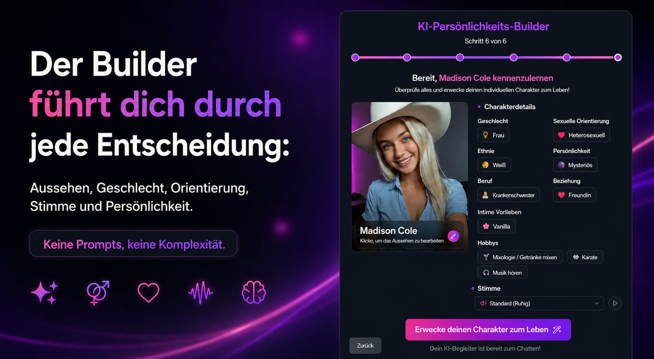 Die Zusammenfassung des FLIRTcam.AI KI-Freundin-Builders: Überprüfe Geschlecht, Orientierung, Ethnie, Persönlichkeit, Beruf, Beziehung, Hobbys und Stimme deiner individuellen Figur, bevor du sie zum Leben erweckst