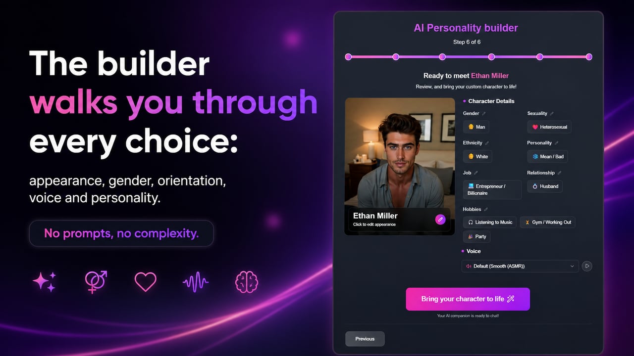 The FLIRTcam.AI AI boyfriend builder summary: review your custom character's gender, orientation, ethnicity, personality, job, relationship, hobbies and voice before bringing him to life