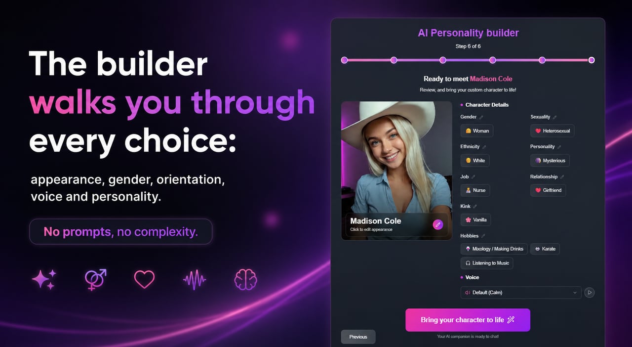 The FLIRTcam.AI AI girlfriend builder summary: review your custom character's gender, orientation, ethnicity, personality, job, relationship, hobbies and voice before bringing her to life