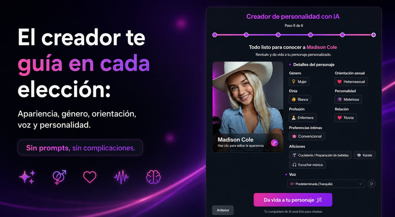 El resumen del creador de novia IA de FLIRTcam.AI: revisa el género, la orientación, el origen, la personalidad, el trabajo, la relación, las aficiones y la voz de tu personaje antes de darle vida