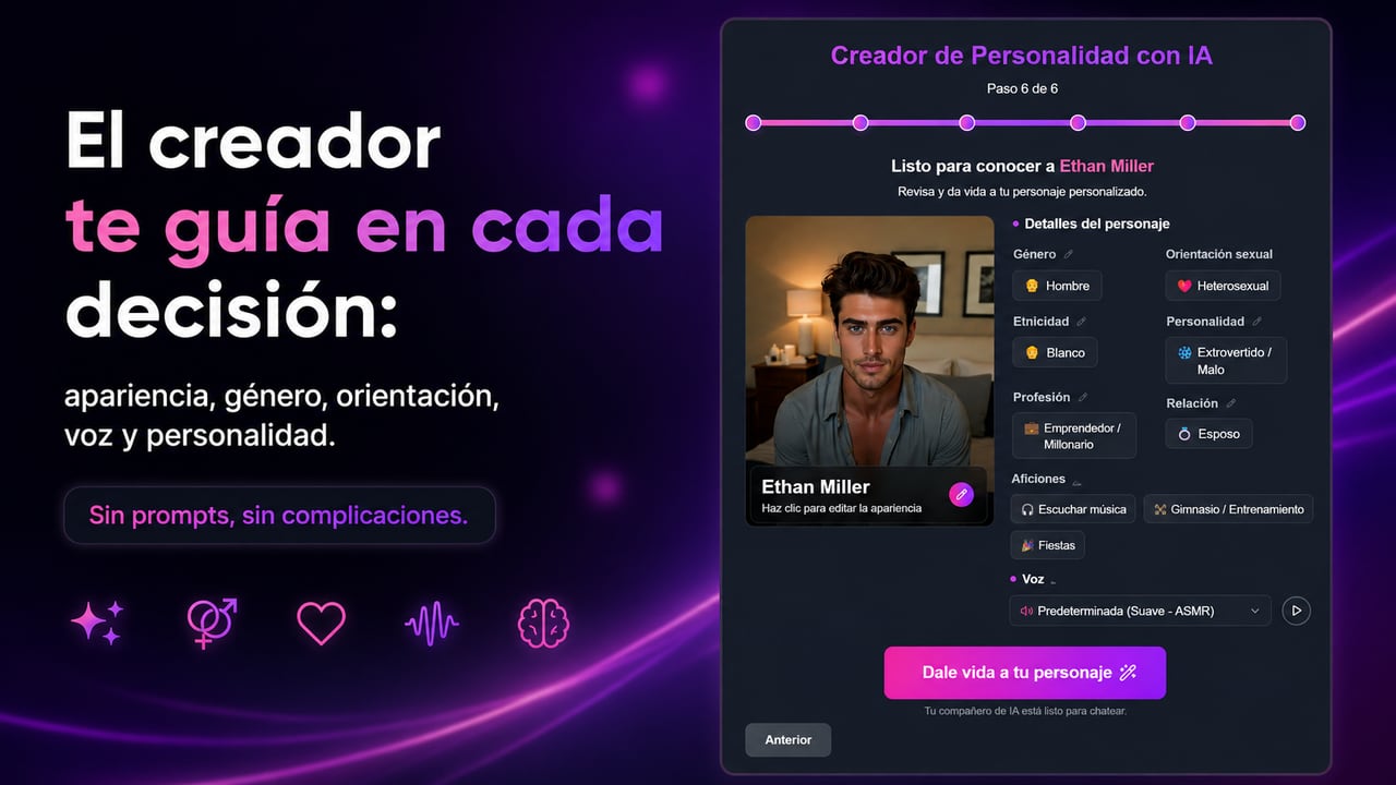 El resumen del creador de novio IA de FLIRTcam.AI: revisa el género, la orientación, el origen, la personalidad, el trabajo, la relación, las aficiones y la voz de tu personaje antes de darle vida