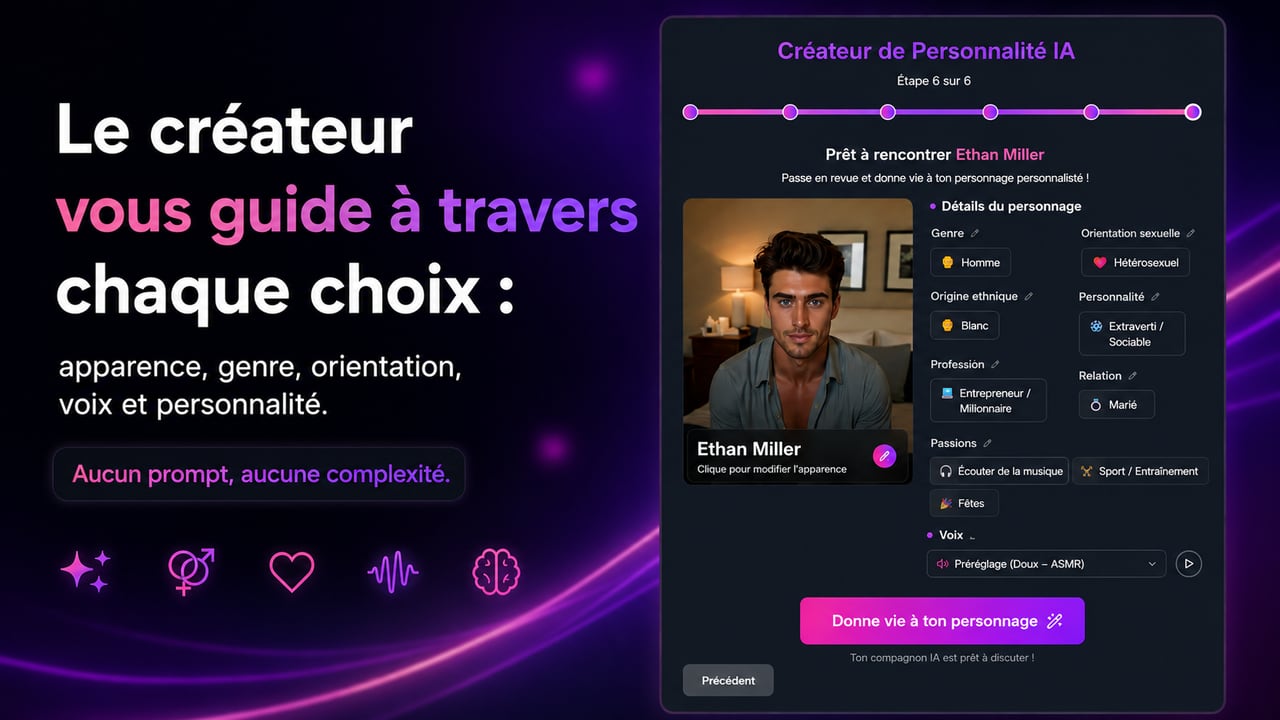 Le récapitulatif du créateur de petit ami IA de FLIRTcam.AI : vérifiez le genre, l'orientation, l'origine, la personnalité, le métier, la relation, les loisirs et la voix de votre personnage avant de lui donner vie