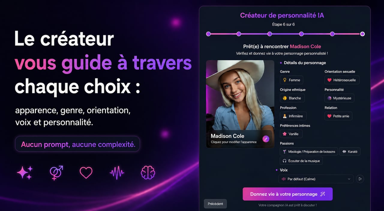 Le récapitulatif du créateur de petite amie IA de FLIRTcam.AI : vérifiez le genre, l'orientation, l'origine, la personnalité, le métier, la relation, les loisirs et la voix de votre personnage avant de lui donner vie